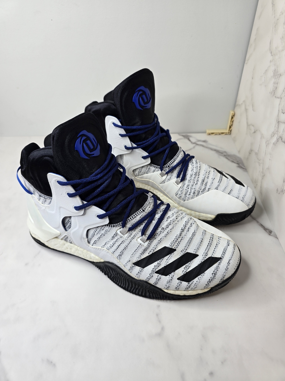 Adidas D Rose 7 Primeknit Basketball Shoes White Black Blue Mens Size 12 B72720